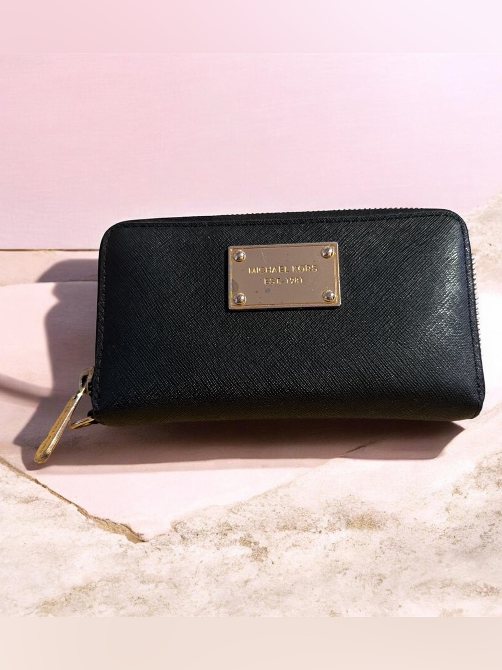 Michael Kors Black Zip-Around Wallet with Gold Plaque